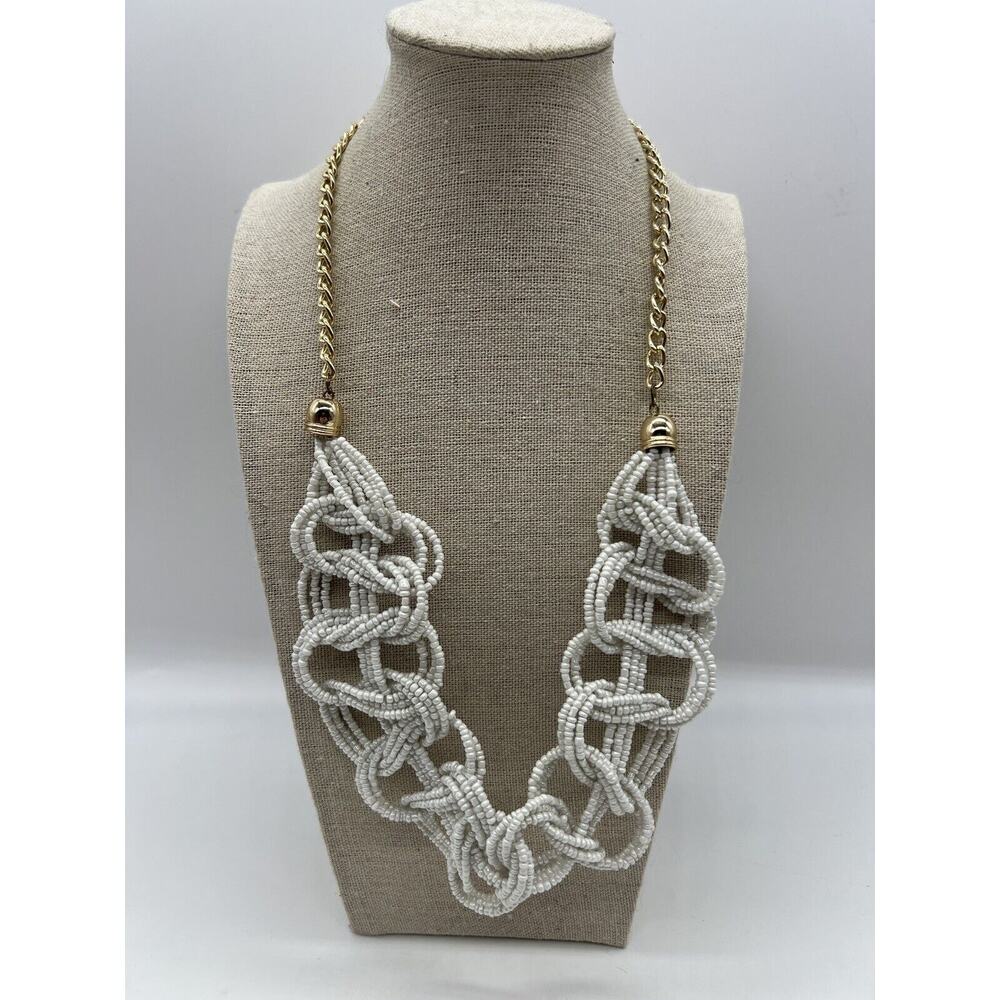 Braided Chunky White‎ Seed Bead Bib Necklace Boho Coastal Beachy Y2K